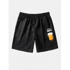 Mens Cartoon Beers Letter Print Loose Drawstring Shorts