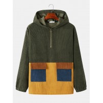 Mens Corduroy Front Zipper Double Pocket Hooded Sweatshirts
