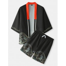 Mens Ukiyoe Wave Pattern Open Front Kimono Two Pieces Outfits