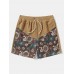 Mens Floral Print Patchwork Corduroy Loose Drawstring Shorts