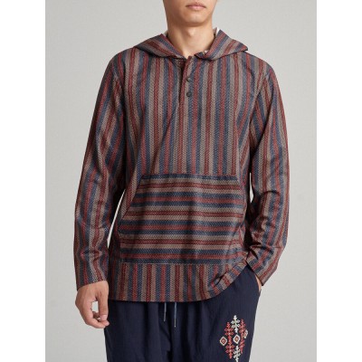 Mens Ethnic Striped Printed Half Buttons Hooded Sweatshirts