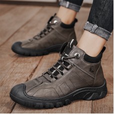 Men Microfiber Leather Breathable Soft Sole Non Slip Closed Toe Lace Up Leisure Boots