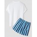 Men Letter   Striped Print Short Sleeve Beachwear Suits