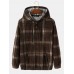 Mens Plaid Corduroy Half Button Preppy Drawstring Hoodies