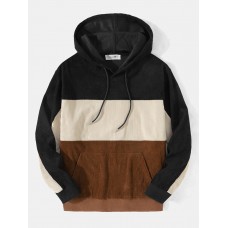 Mens Colorblock Quarter Corduroy Kangaroo Pocket Long Sleeve Hoodies