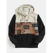 Mens Corduroy Ethnic Printed Buttons Hooded Casual Sweatshirts