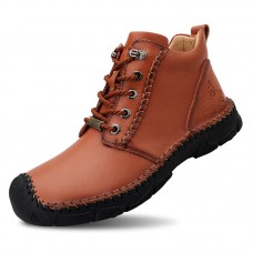 Men Pure Color Toe Protected Hand Stitching Leather Ankle Boots