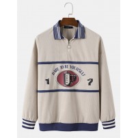 Mens Slogan Print Contrast Ribbon Lapel Corduroy Preppy Sweatshirts