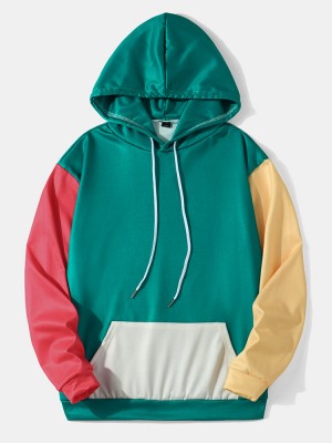 Mens Patchwork Kangaroo Pocket Preppy Overhead Drawstring Hoodies
